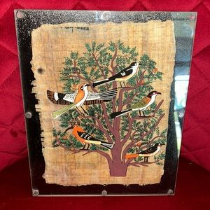 Egyptian Papyrus Birds in Acacia Tree Of Life Hand Painted 6.75x8.75 Framed
